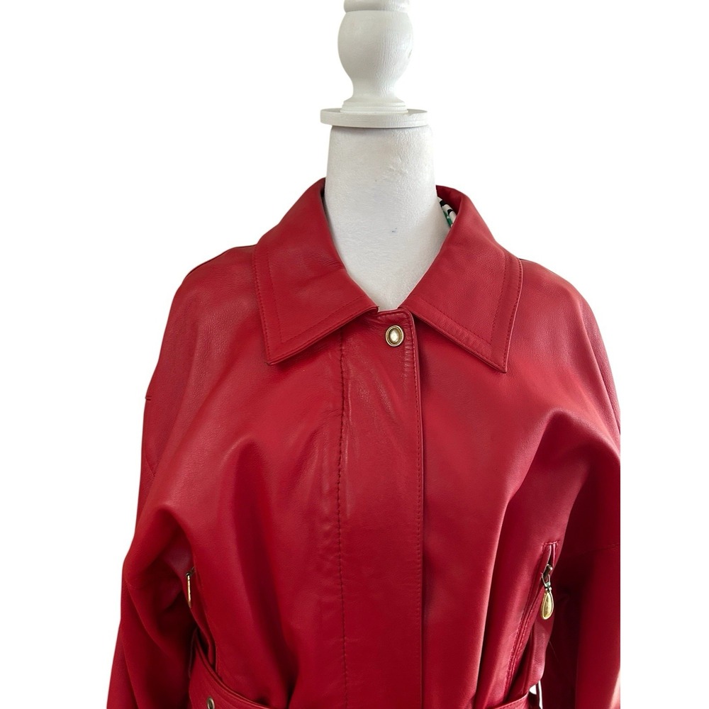 Margaret Godfrey Red Leather Belted Jacket Sz L**see pictures-stain on pocket - Picture 2 of 10